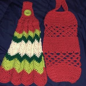 crochet grocery sack bag and oven towel set